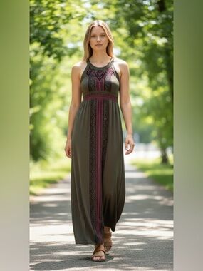 Athleta Maxi Dress Olive Green Pink Print Racerback Sleeveless Stretch - Size S